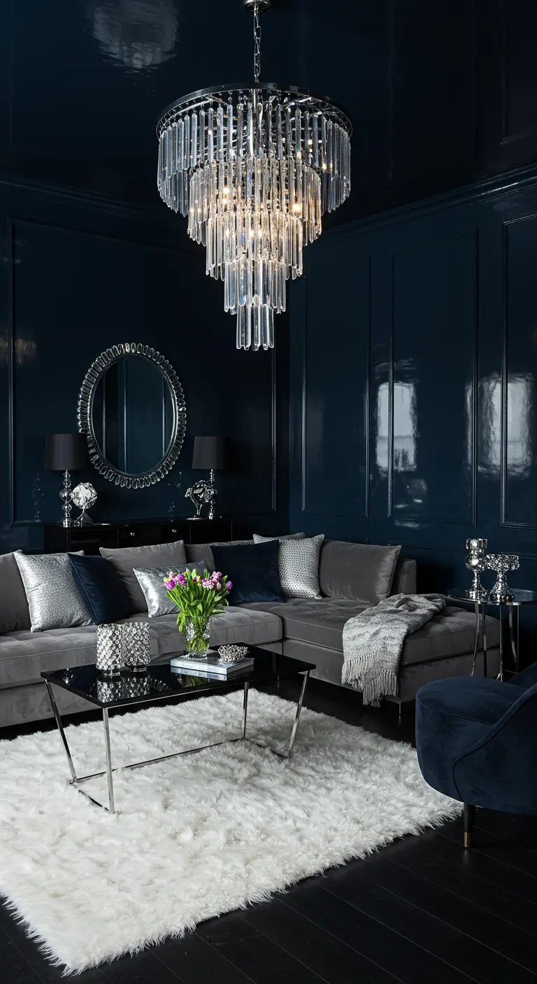 Sala de estar azul marino con paredes brillantes, candelabro de cristal y alfombra blanca.