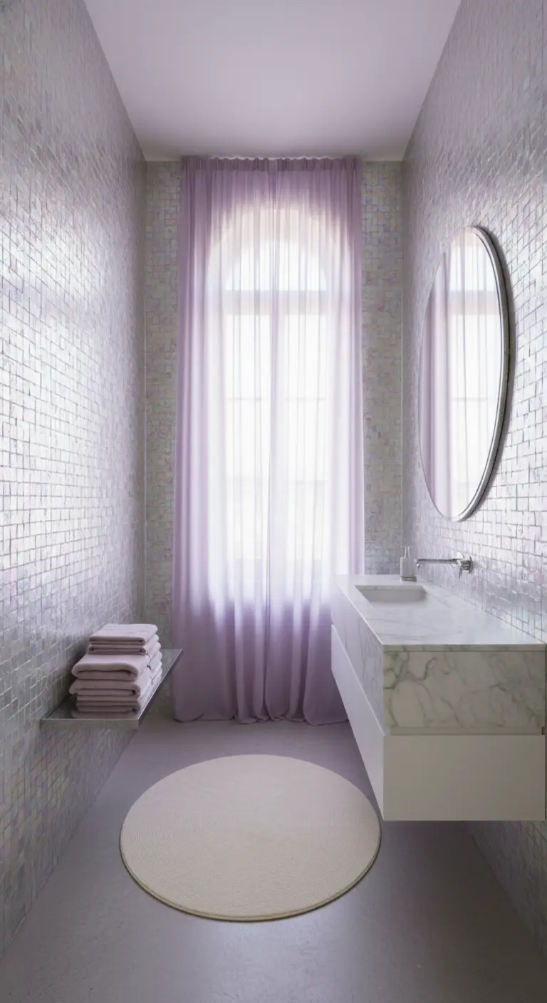 Baño estrecho con azulejos iridiscentes y una cortina de gasa lavanda junto a la ventana.