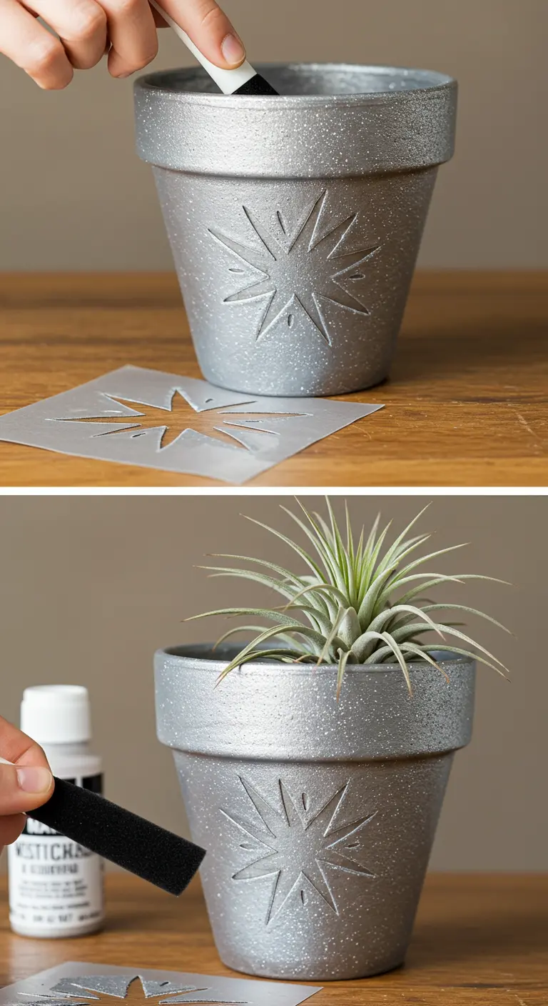 Maceta plateada con purpurina siendo decorada con una plantilla de estrella.