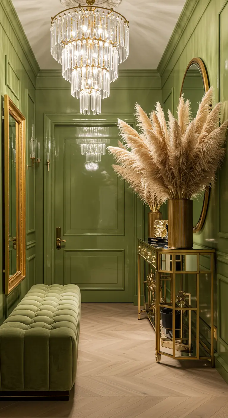 Recibidor verde olivo brillante con banco de terciopelo y consola dorada.