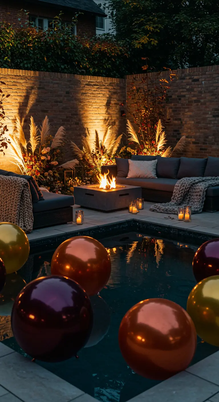 Globos metálicos en tonos otoñales flotan en una piscina junto a una fogata.
