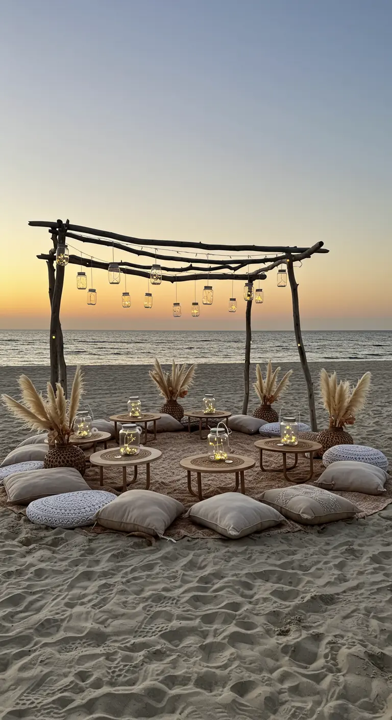 Fiesta en la playa al atardecer con farolillos hechos de tarros de cristal.