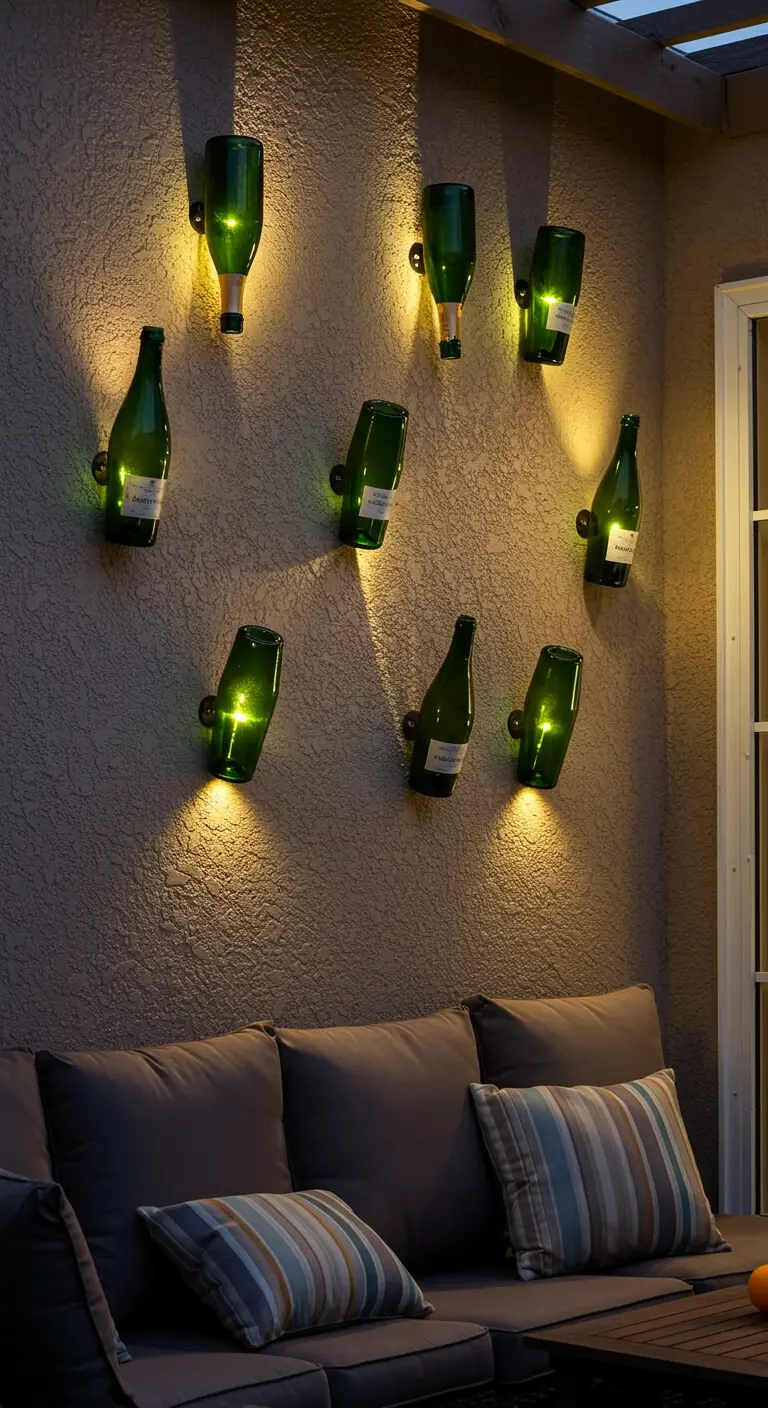 Pared de terraza iluminada con varias lámparas hechas con botellas de champán verdes.