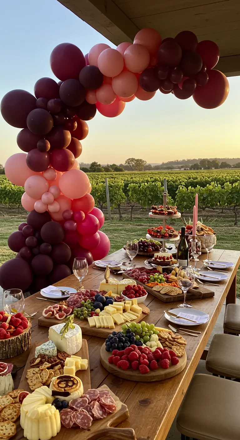 Guirnalda de globos en tonos vino y rosa sobre una mesa de quesos en un viñedo.