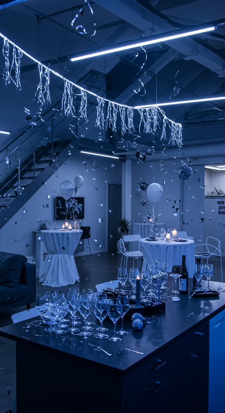 Un salón de fiestas bañado en luz azul, con copas de vino y confeti esparcido por las mesas.