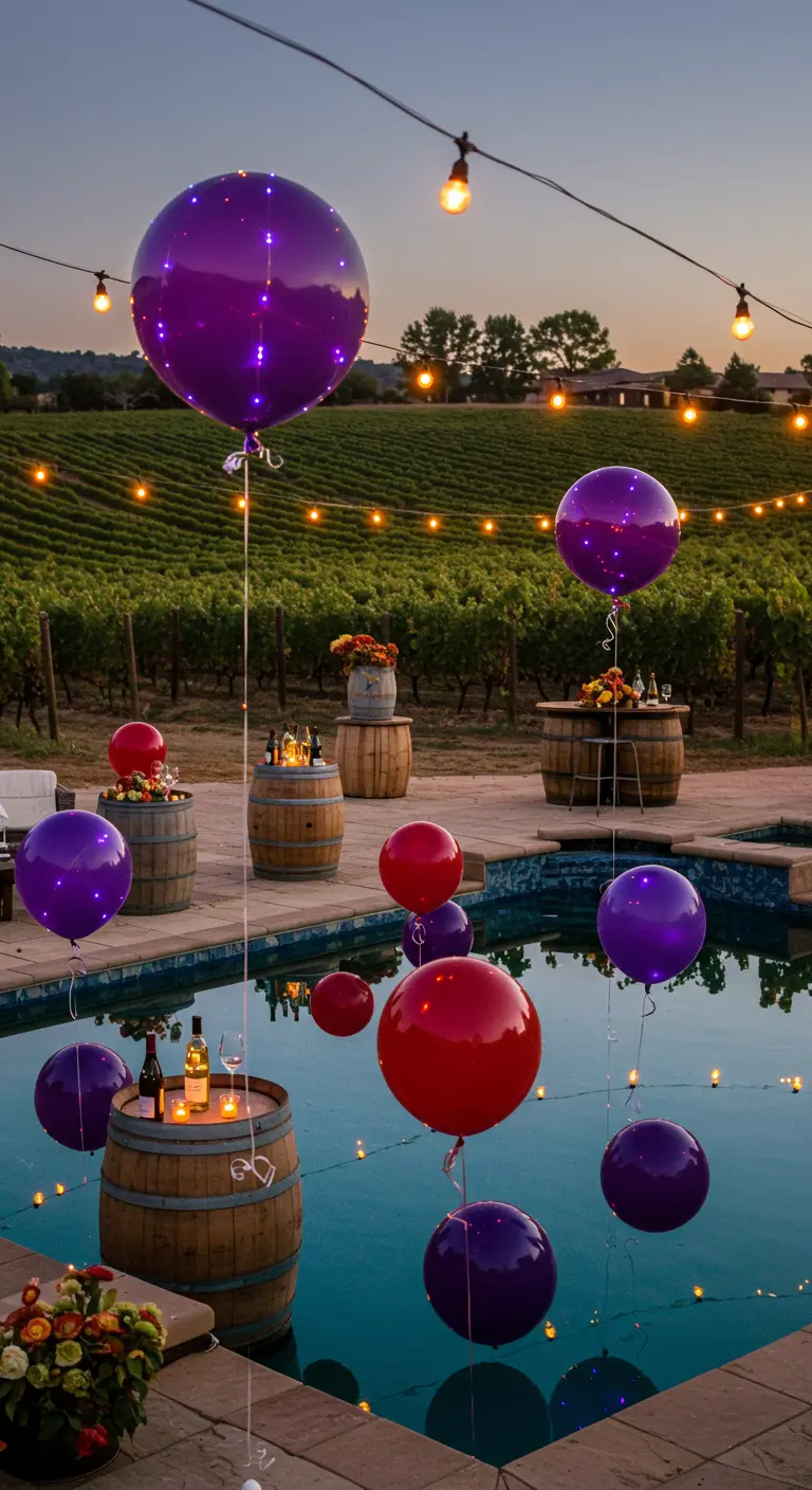 Piscina en un viñedo con globos morados y rojos, y barriles de vino como mesas.
