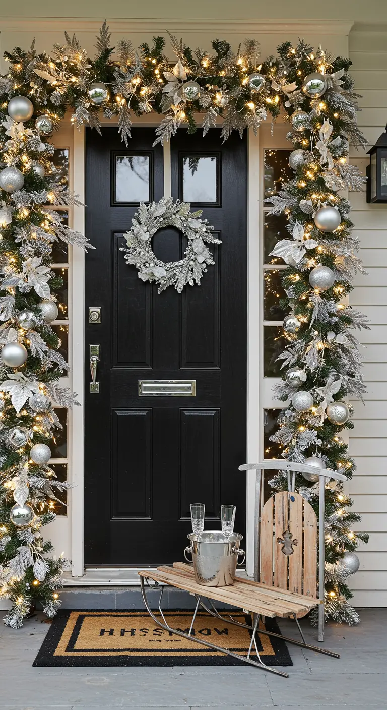 Porche glamuroso con guirnalda nevada, adornos plateados y un trineo usado como mesa para champán.