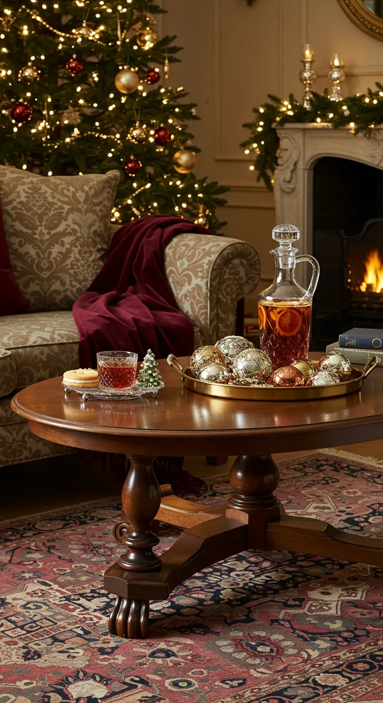 Salón navideño con una bandeja de cobre con adornos y licor en la mesa de centro.