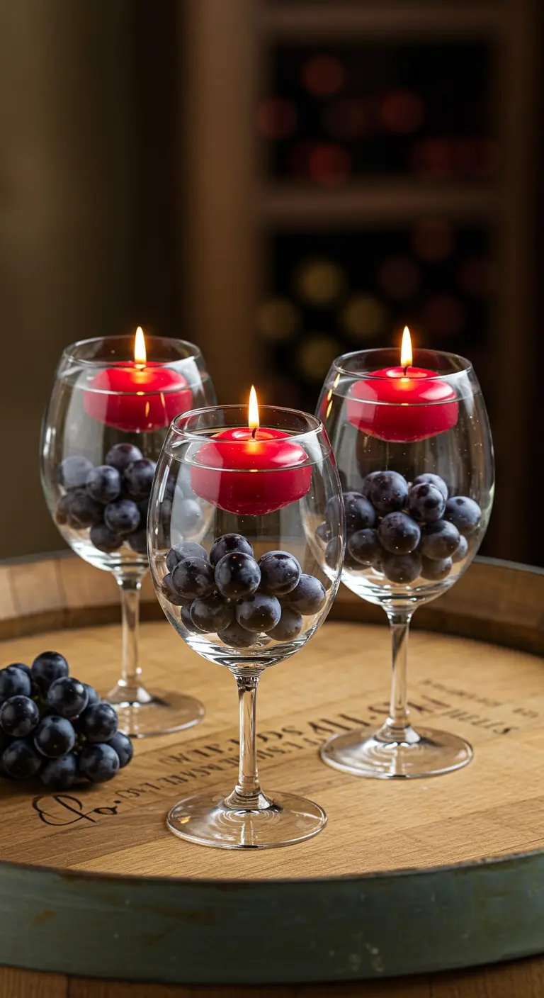 Copas de vino llenas de uvas, agua y velas flotantes rojas, sobre un barril de madera.