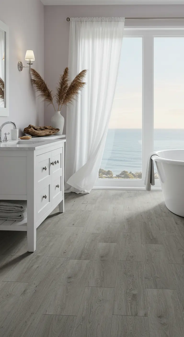 Baño luminoso con paredes en lavanda muy pálido, cortinas blancas y vistas al mar.