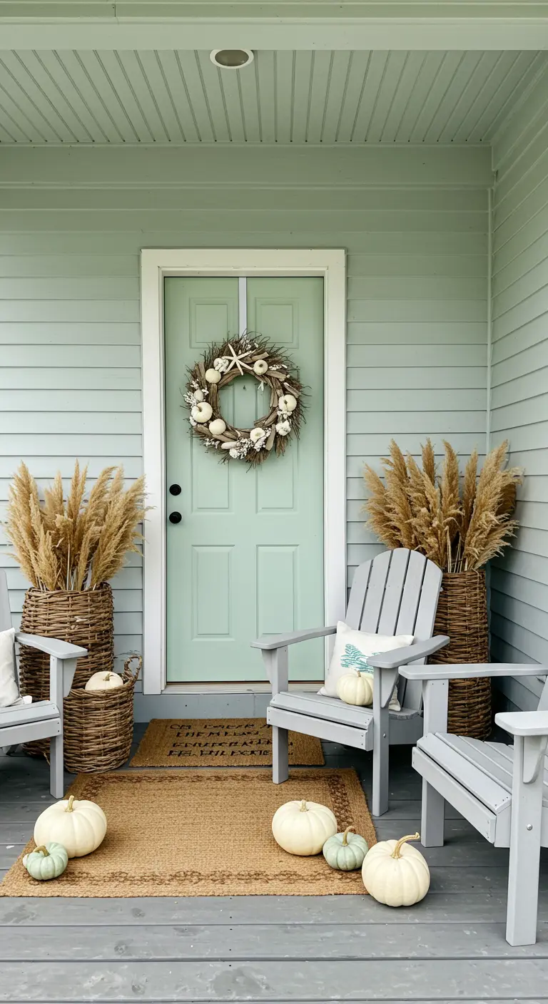 Porche costero con puerta verde menta, calabazas blancas y cestas de mimbre con hierba pampa.