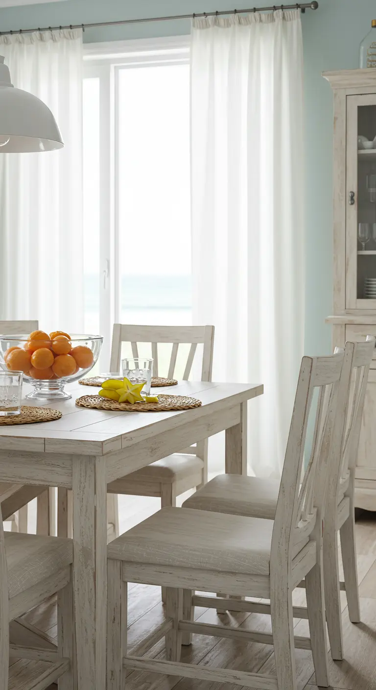 Comedor costero con mesa blanca y un bol de cristal con naranjas frescas.