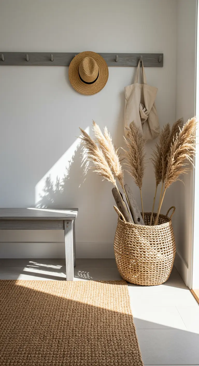 Entrada de estilo costero con perchero, cesta con hierba de pampa y alfombra de yute.
