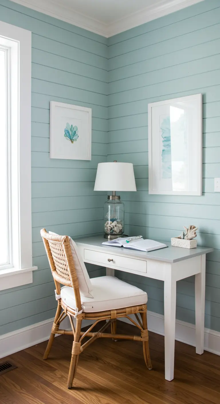 Esquina de trabajo de estilo costero con paredes de lamas azul claro y silla de ratán