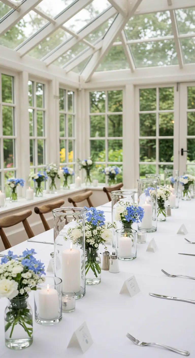 Mesa de comedor luminosa con velas blancas en vasos de cristal y flores azules.