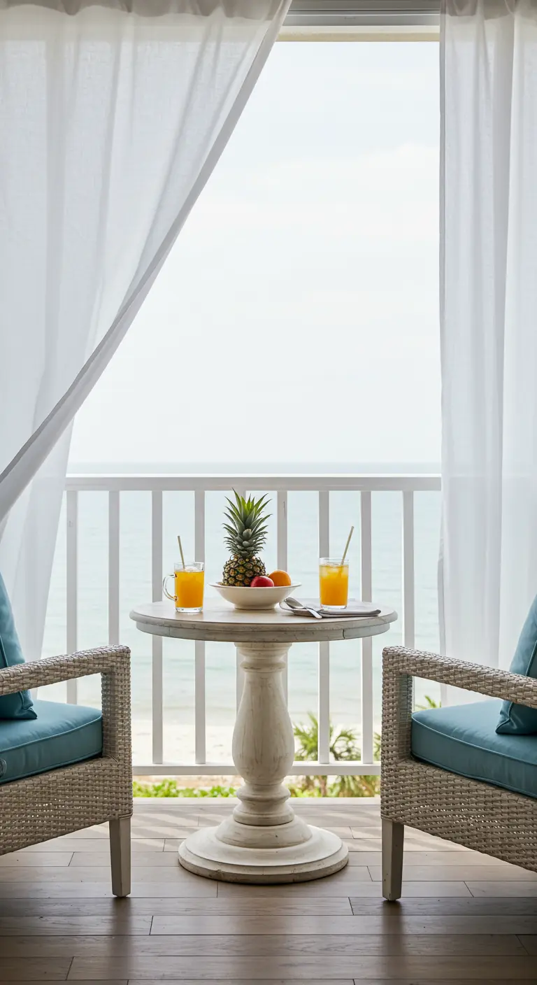 Balcón con vistas al mar, mesa redonda de madera blanca y sillones con cojines azules.