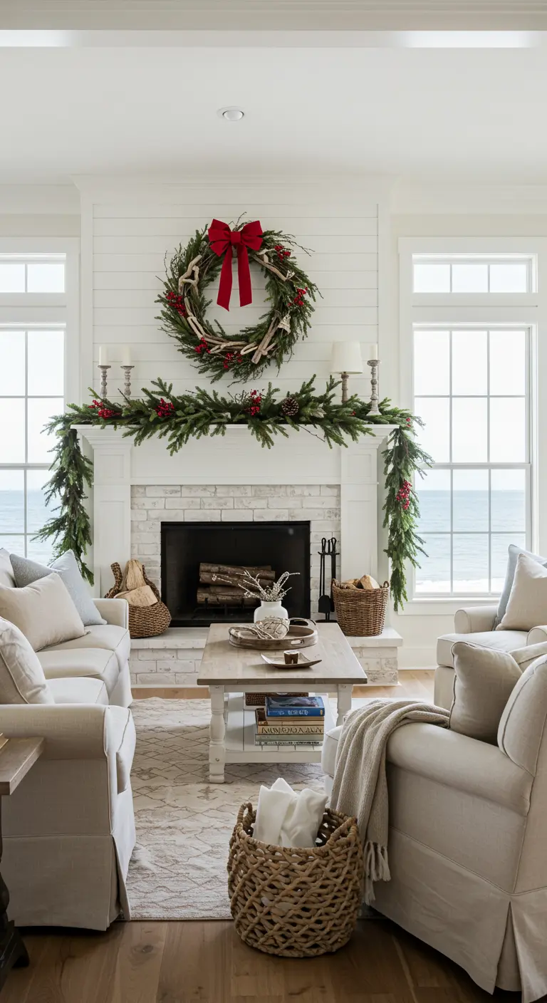 Salón luminoso de estilo costero con una gran corona de pino sobre la chimenea blanca.