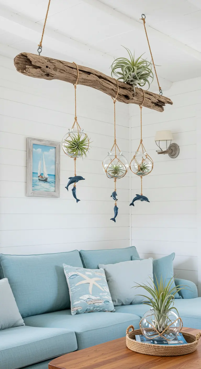 Un trozo de madera de deriva colgado del techo con plantas de aire en esferas de cristal