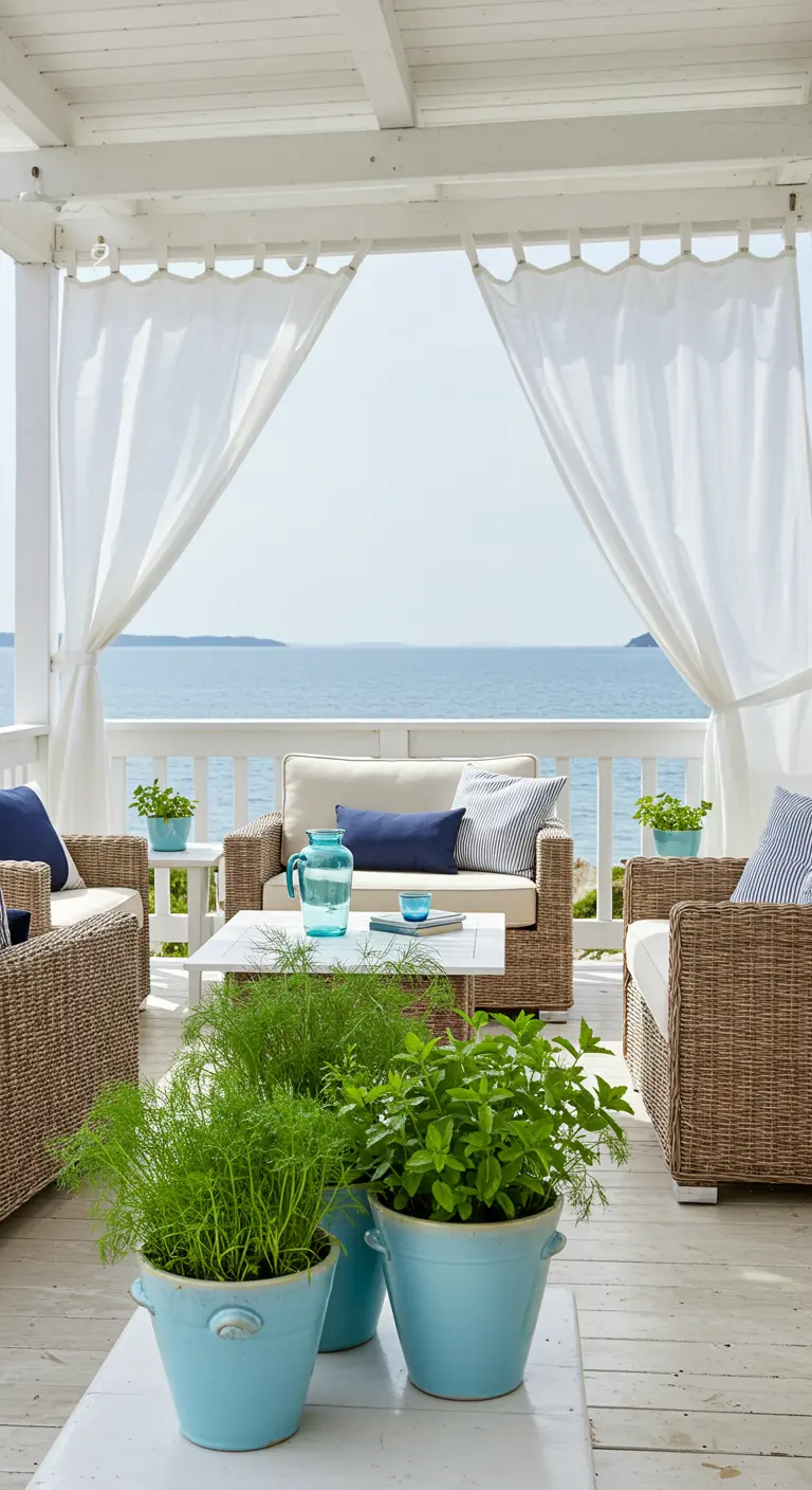 Terraza con vistas al mar, muebles de mimbre y hierbas aromáticas en macetas color turquesa.