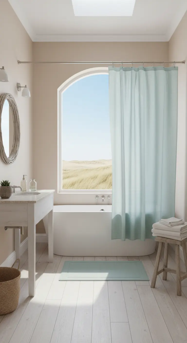 Baño de estilo costero con cortina de ducha color menta pálido y suelo de madera blanca.