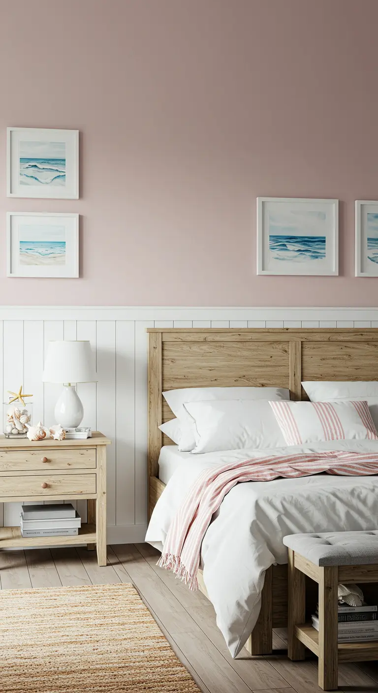 Dormitorio de estilo costero con paredes rosas, revestimiento de madera blanco y cuadros de olas.