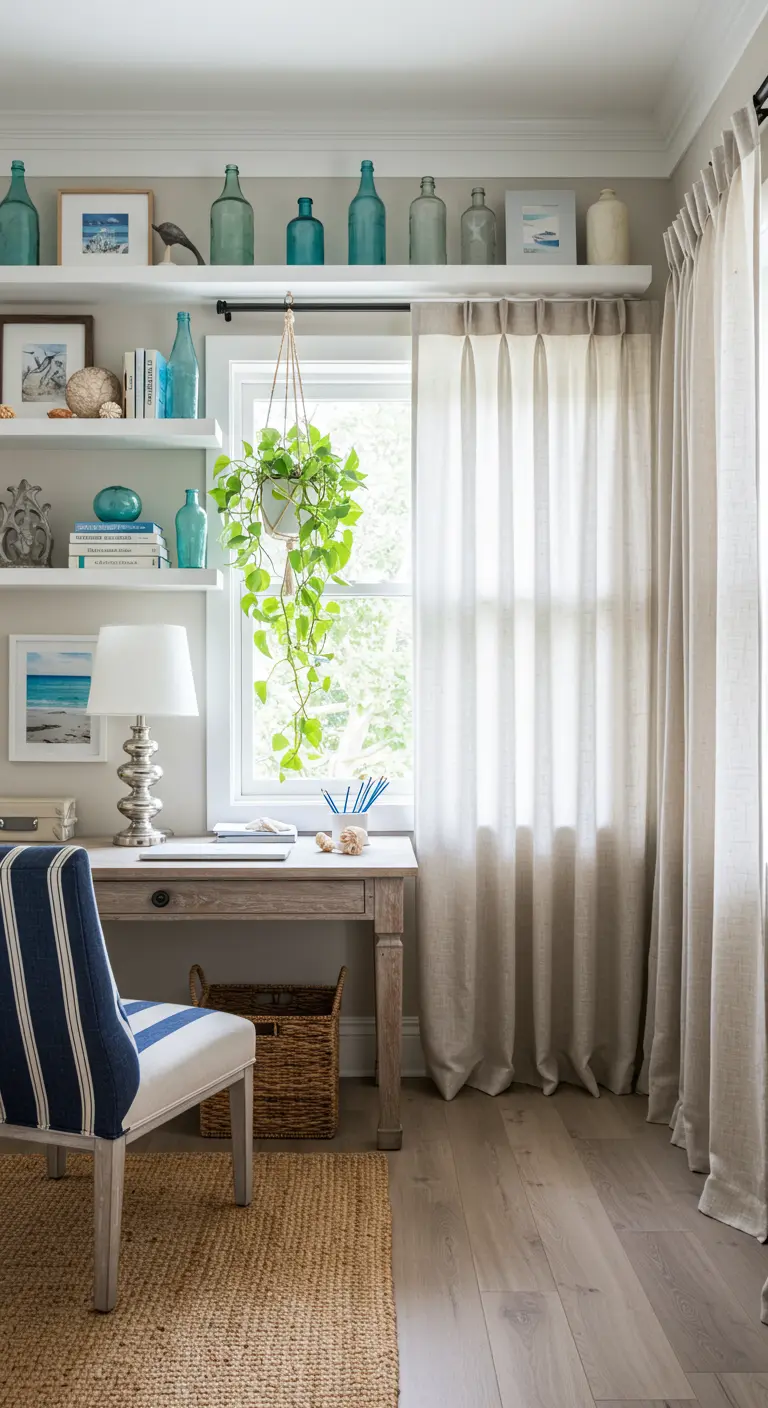 Oficina de estilo costero con estanterías blancas, botellas de vidrio azul y silla de rayas.