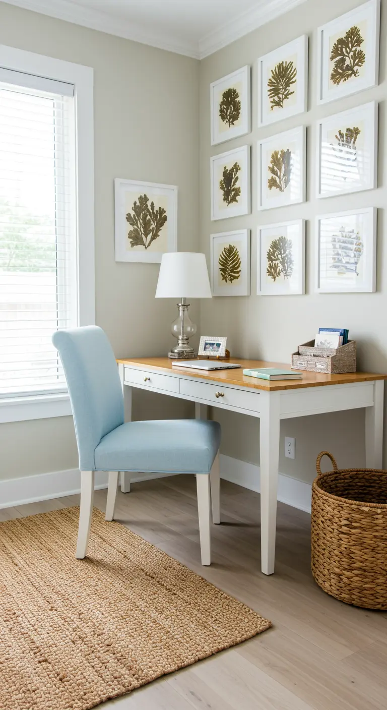 Rincón de oficina luminoso de estilo costero con láminas de algas enmarcadas.