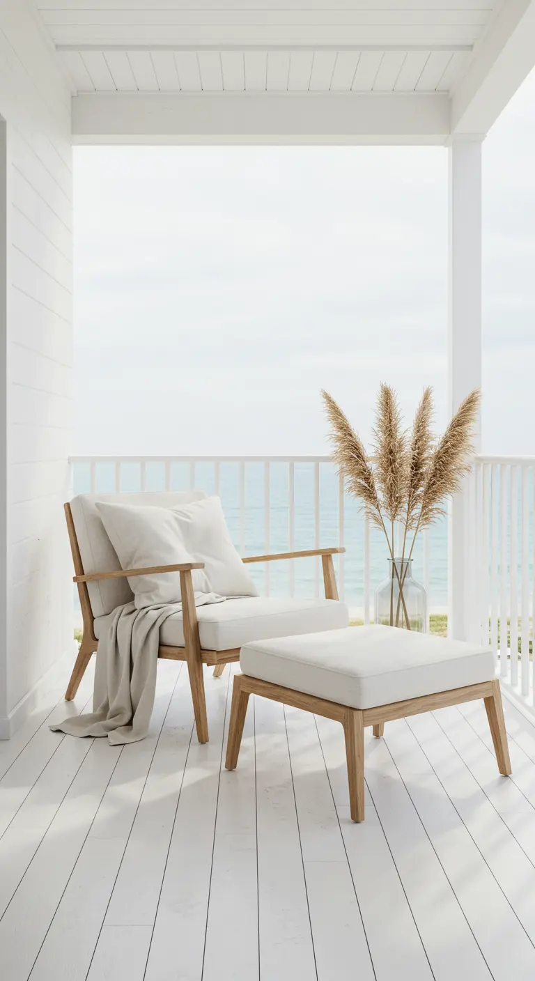 Porche blanco con sillón de madera clara, cojines blancos y un jarrón con hierba de la pampa