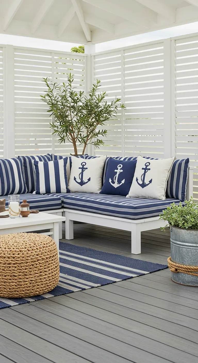 Porche blanco de estilo náutico con cojines de rayas azules y blancas y detalles de anclas