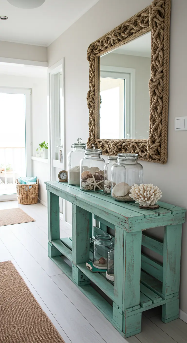 Consola de palet pintada de verde menta con decoración de temática costera y espejo de cuerda.