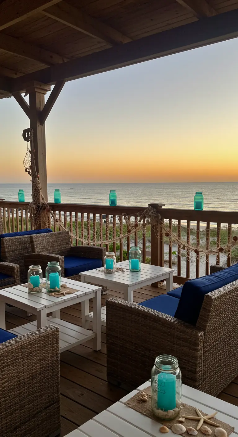 Portavelas de frasco color turquesa en un porche con vistas al mar.