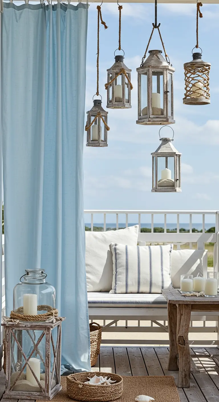 Porche de estilo náutico con cortina azul, faroles de madera blanca y cojines de rayas.