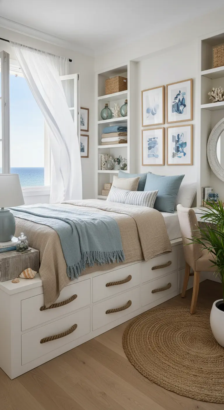 Cama alta blanca con múltiples cajones y tiradores de cuerda en un dormitorio costero.