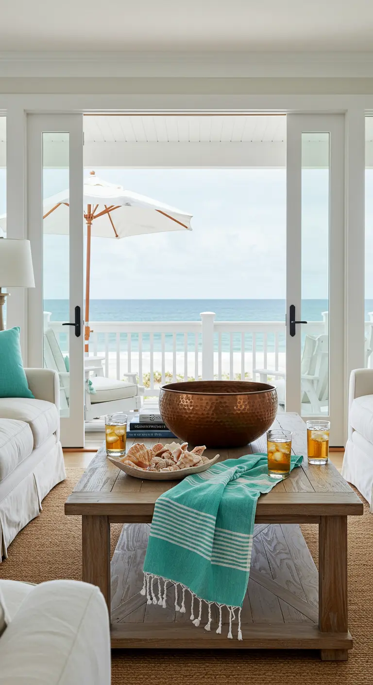 Salón costero con vistas al mar y un cuenco de cobre con conchas sobre la mesa de centro.