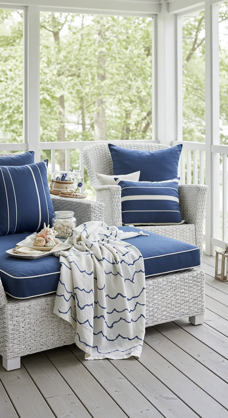 Porche de estilo costero con muebles de mimbre blanco y textiles en azul marino y blanco con patrones de olas.