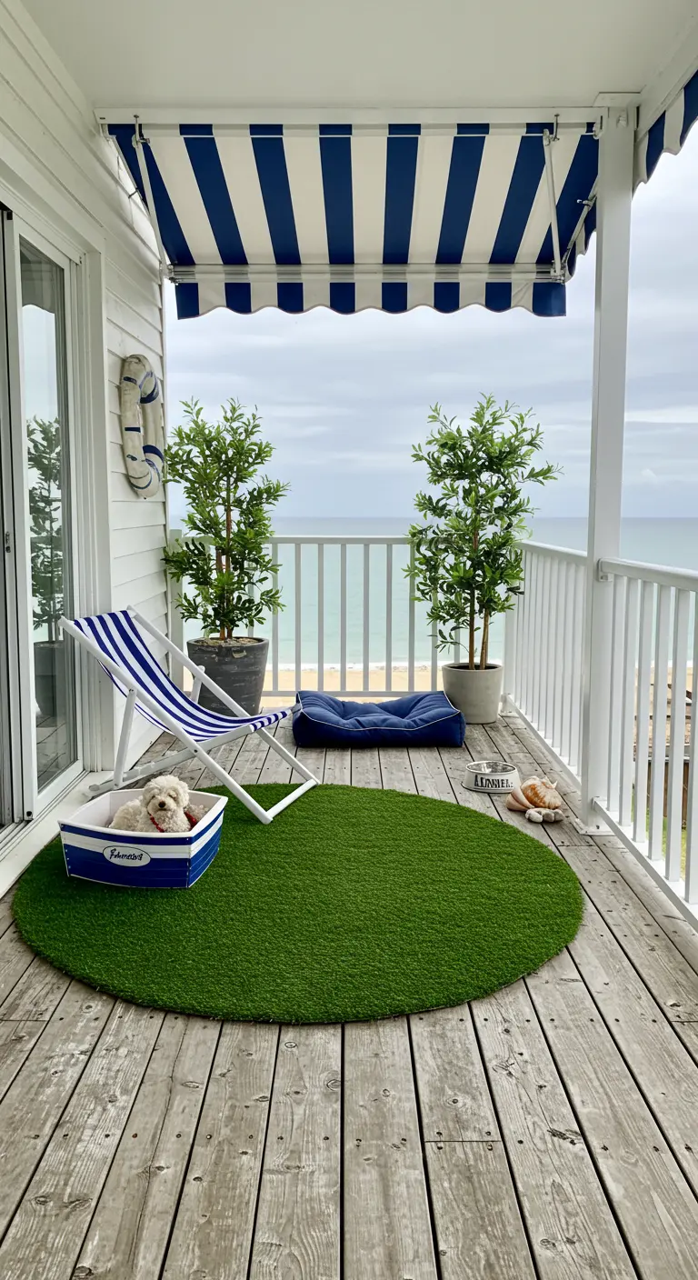 Balcón con suelo de madera, toldo a rayas azules y blancas, y una alfombra redonda de césped artificial
