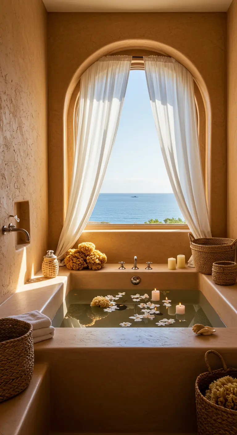 Bañera en un baño de tonos terracota con ventana en arco y cortinas de lino mirando al mar.