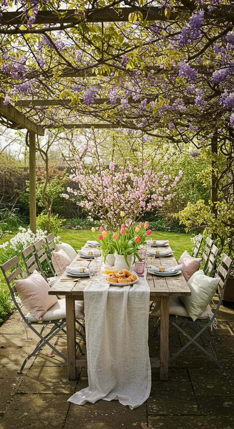 Mesa de brunch bajo una pérgola cubierta de glicinas en flor.