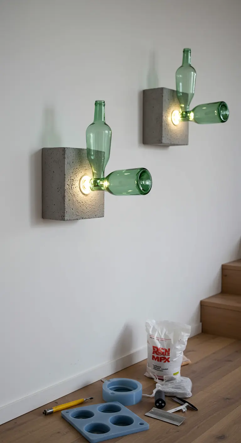 Apliques de pared modernos hechos con bloques de cemento de los que salen cuellos de botella iluminados.