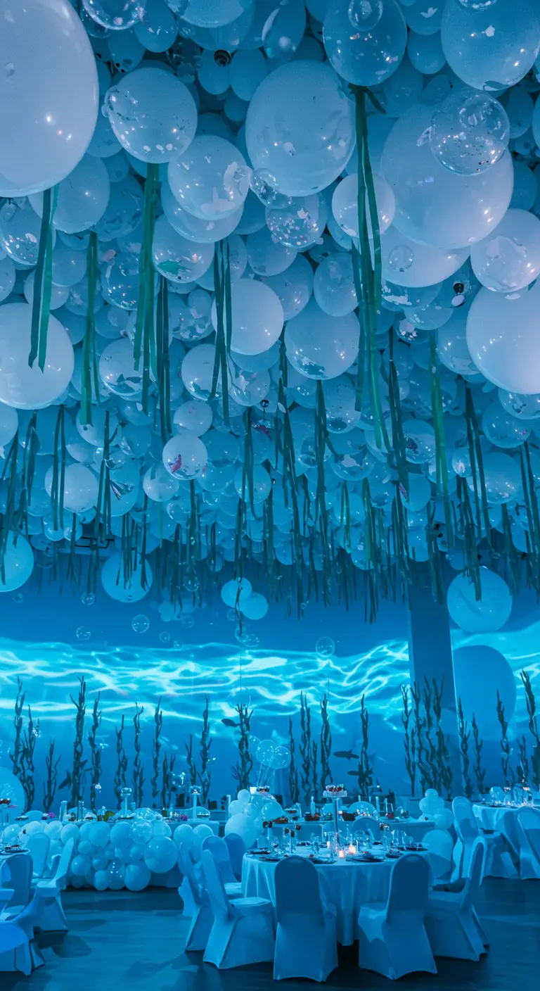 Techo de globos blancos y azules simulando burbujas con tiras verdes como algas marinas.