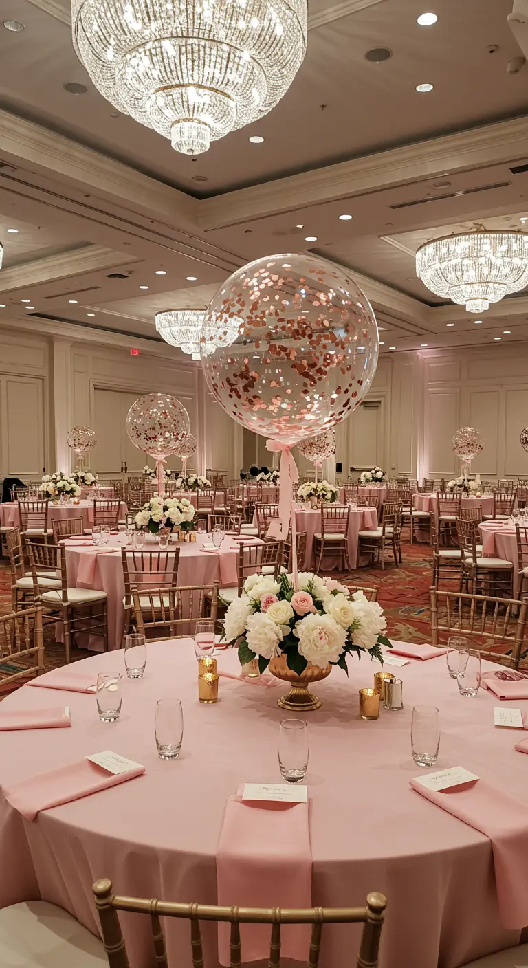 Centro de mesa con globo de confeti oro rosa sobre un arreglo de peonías y rosas.