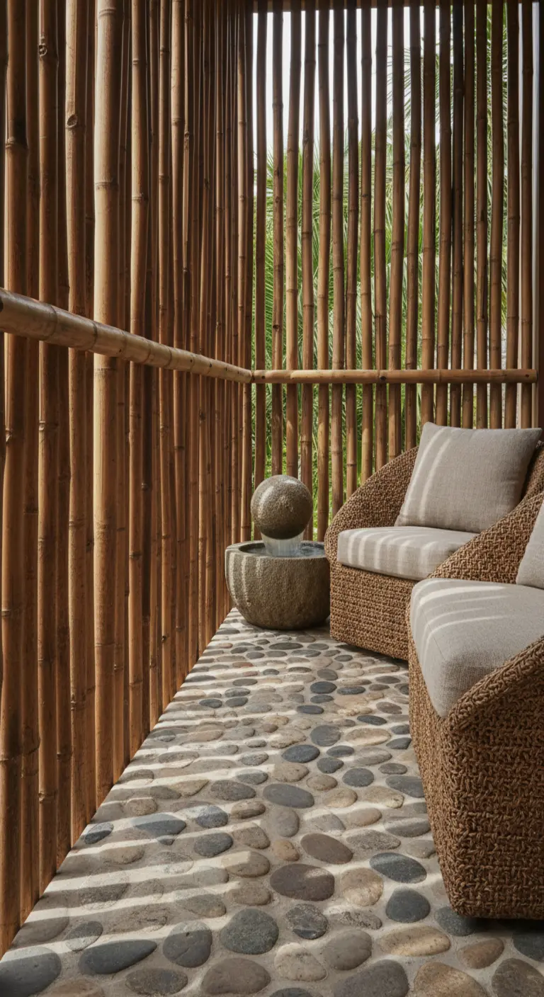 Balcón con dos sillones de mimbre, una fuente de piedra y una pared de cañas de bambú.