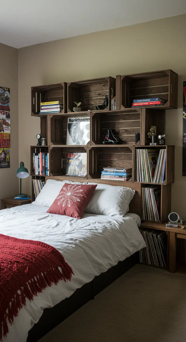 Cabecero de cama hecho con cajas de madera teñidas y apiladas para guardar vinilos y libros