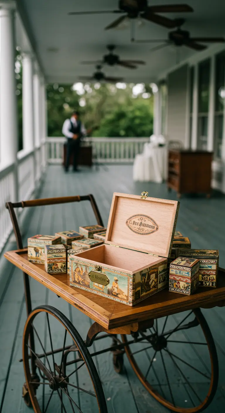 Cajas de puros de estilo vintage apiladas en un carrito de madera.