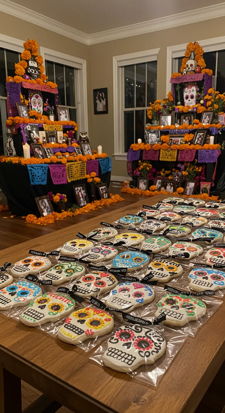 Galletas de calaverita de azúcar decoradas y empaquetadas para el Día de los Muertos.