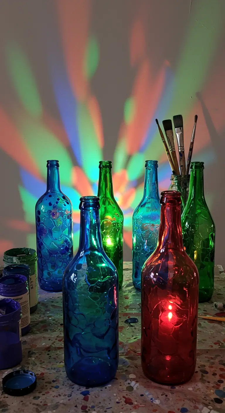 Grupo de botellas de vidrio pintadas con colores traslúcidos que crean un efecto de vidriera.