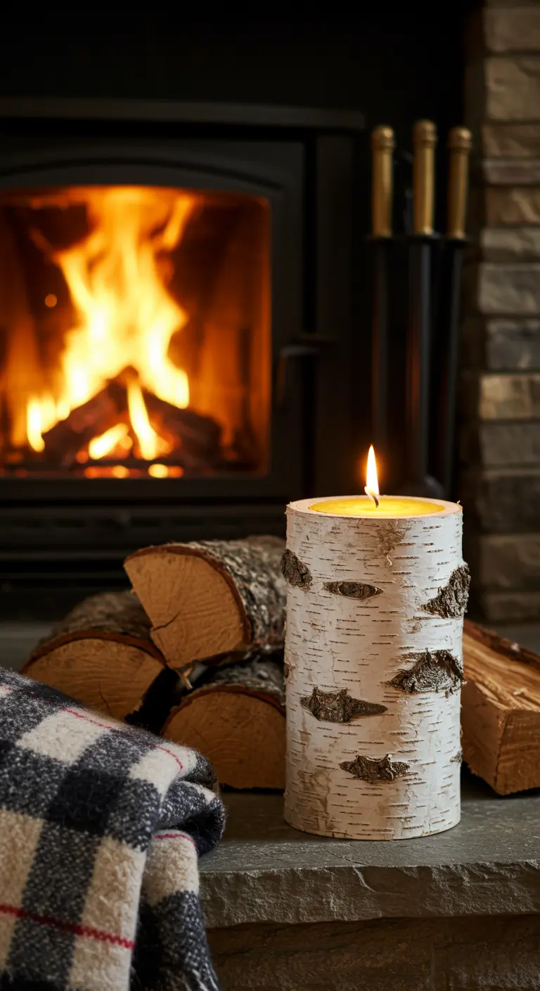 Vela de cera amarilla dentro de un tronco de abedul hueco, frente a una chimenea encendida.