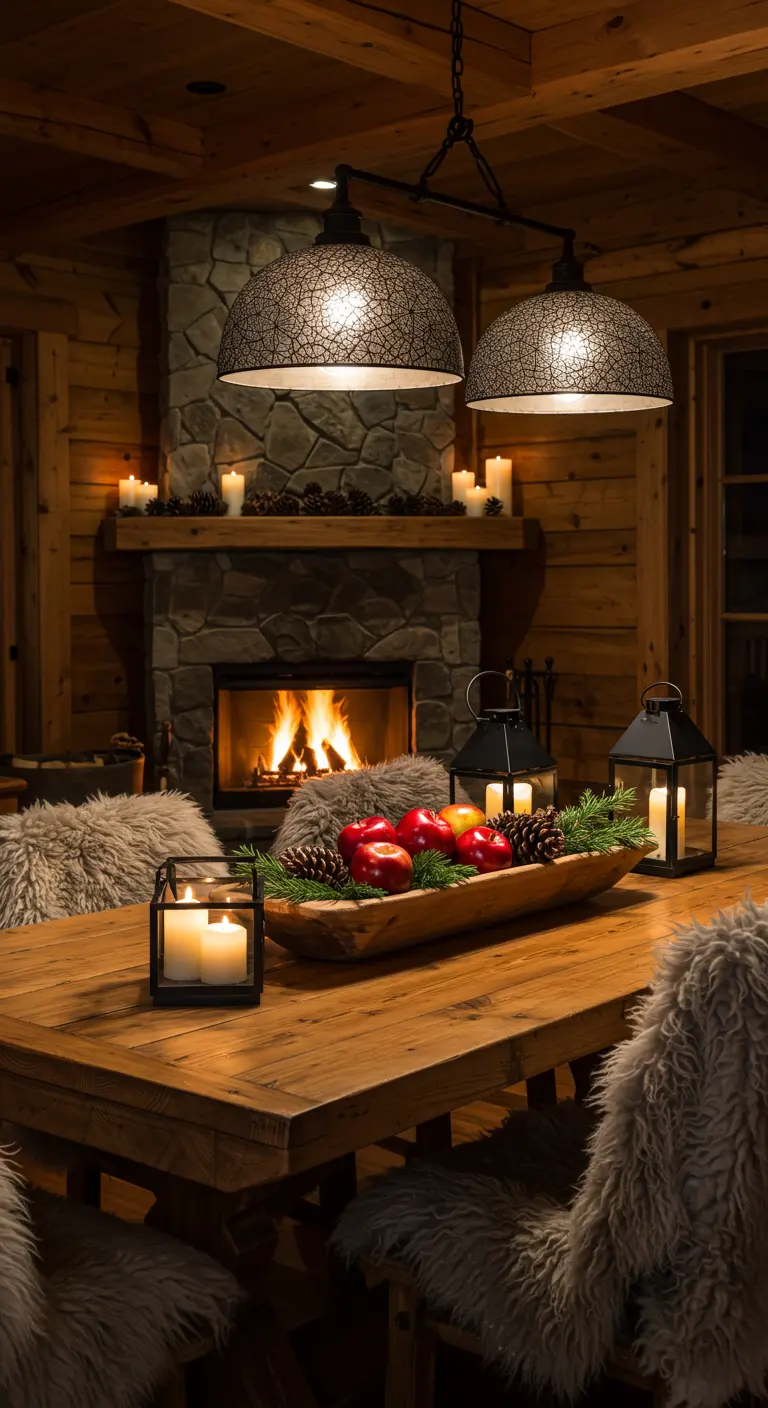 Centro de mesa invernal en una cabaña con manzanas, piñas, ramas de pino y velas.