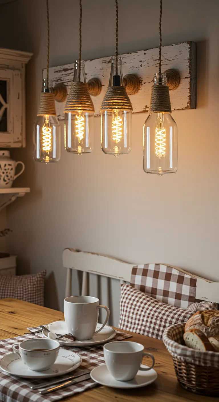 Lámpara de pared con cuatro botellas transparentes colgando de una tabla de madera blanca desgastada.