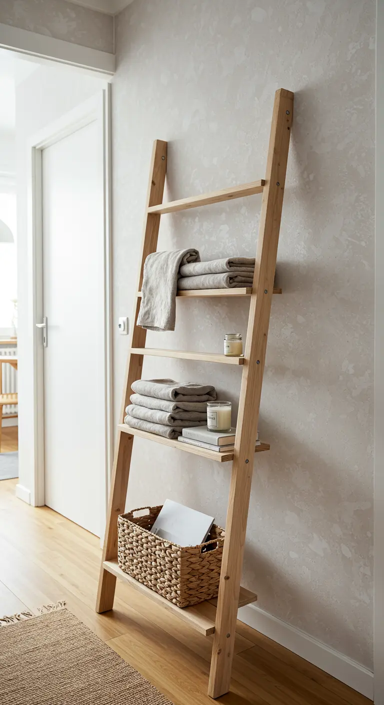 Estantería de madera clara tipo escalera con toallas dobladas, velas y una cesta de mimbre.